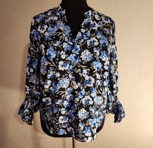Vince Camuto Blue Floral V-Neck Blouse Women's 1X